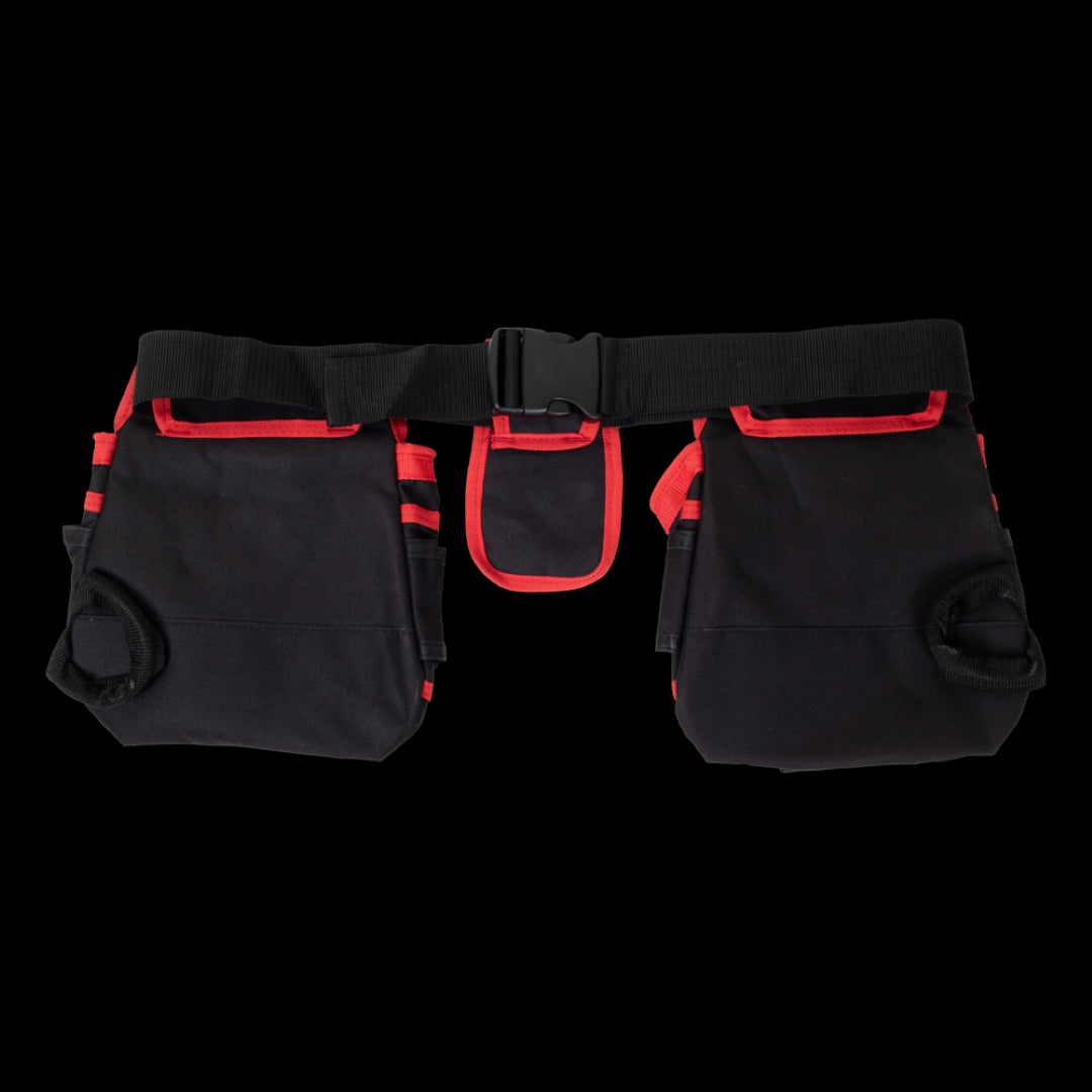 Heavy-duty JACKMAN Tool Pouch and Belt with multiple pockets, hammer loops, and a secure adjustable belt for efficient tool organization.