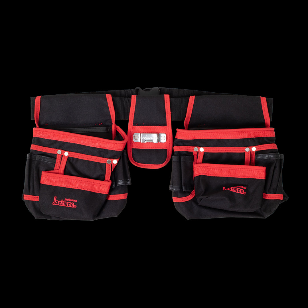Durable JACKMAN Tool Pouch and Belt with multiple pockets, hammer loops, and a tape measure holder for ultimate organization.