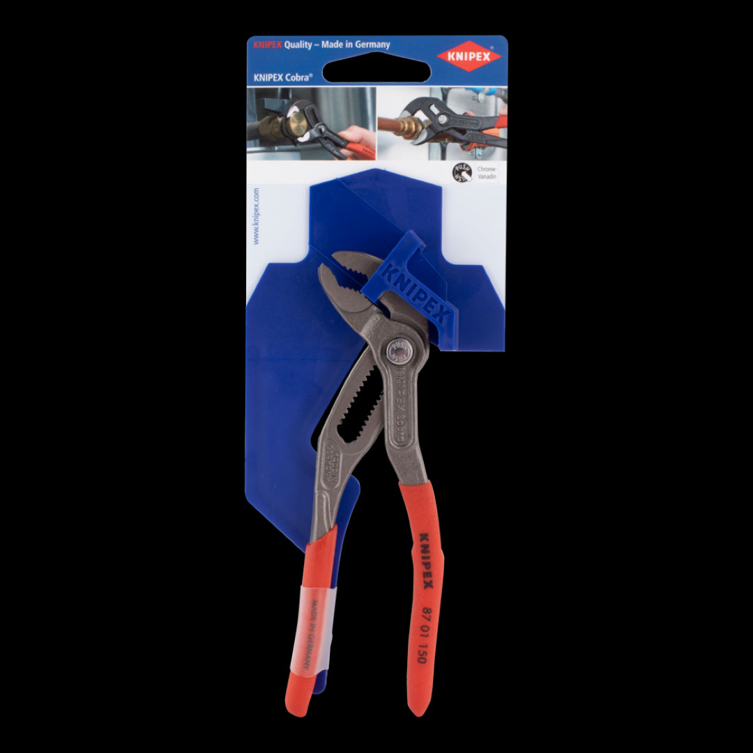 KNIPEX 150mm Cobra® pliers with self-locking grip, precision adjustment, and non-slip handle for secure gripping of pipes and nuts.