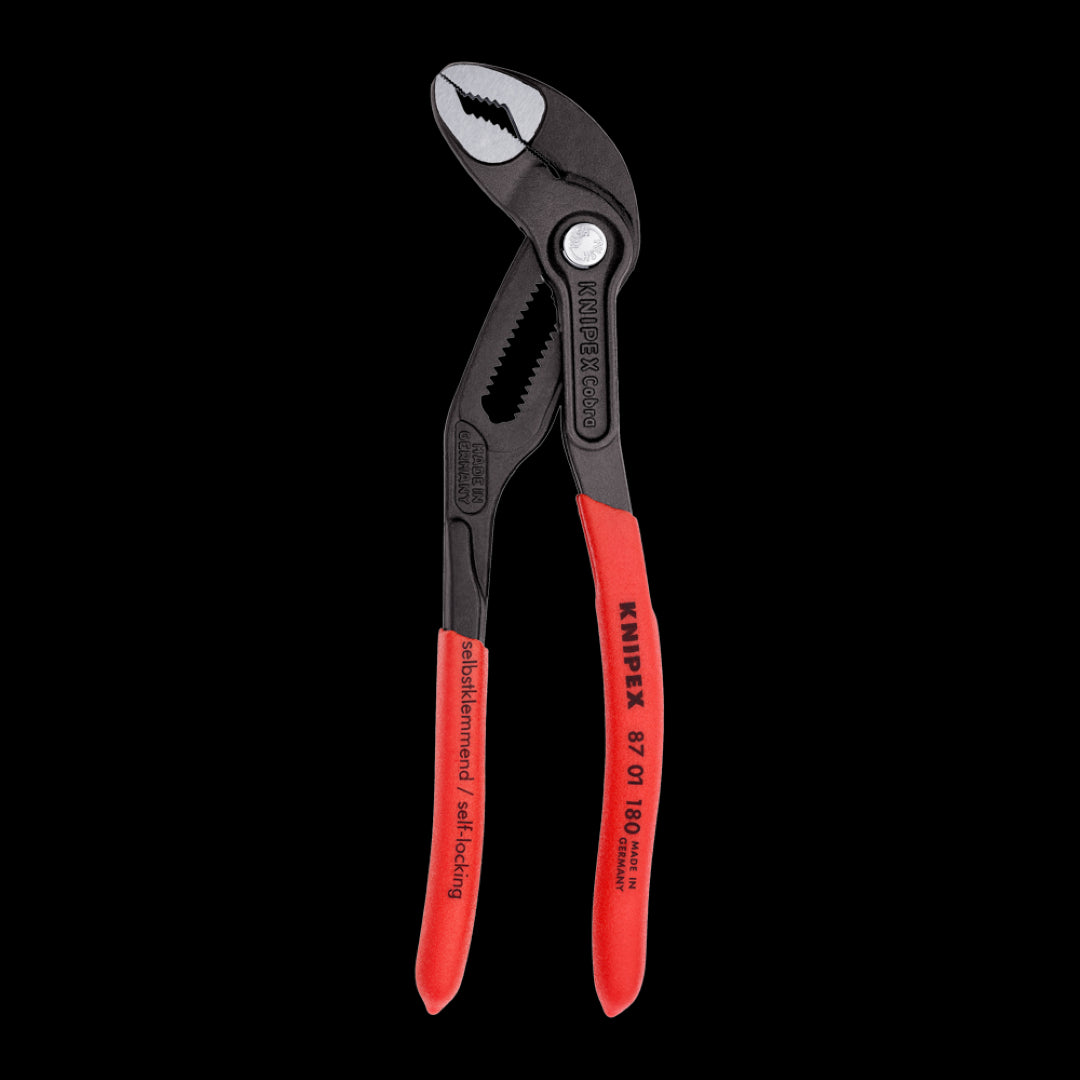 KNIPEX 180mm Cobra® pliers with 18 adjustments, self-locking grip, and ergonomic handles for enhanced performance and control.