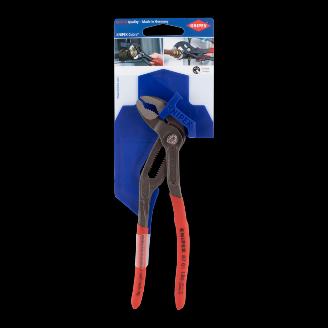 High-tech 180mm KNIPEX Cobra® water pump pliers with 18 adjustment positions and self-locking grip for superior control.