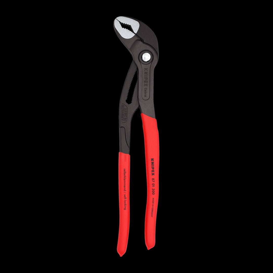 KNIPEX 300mm Cobra® pliers with 30 adjustments, self-locking grip, durable chrome vanadium steel, non-slip handles, and pinch guard.