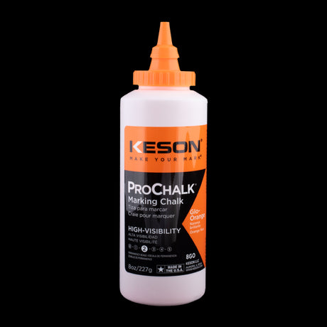 High visibility glo-orange marking chalk in a 227g bottle, perfect for precise outdoor marking tasks like plumbing and roofing.