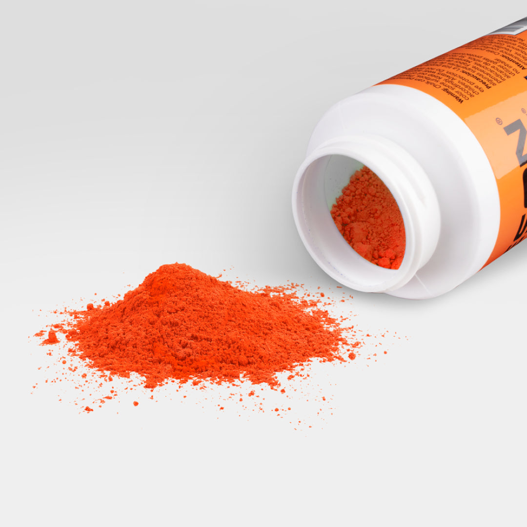 High visibility glo-orange marking chalk in a 227g bottle, ideal for precise outdoor marking tasks.