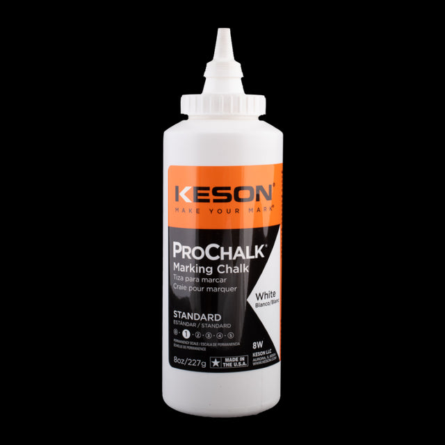 KESON ProChalk® Standard White Marking Chalk in a 227g bottle, ideal for precise interior and exterior markings without residue.