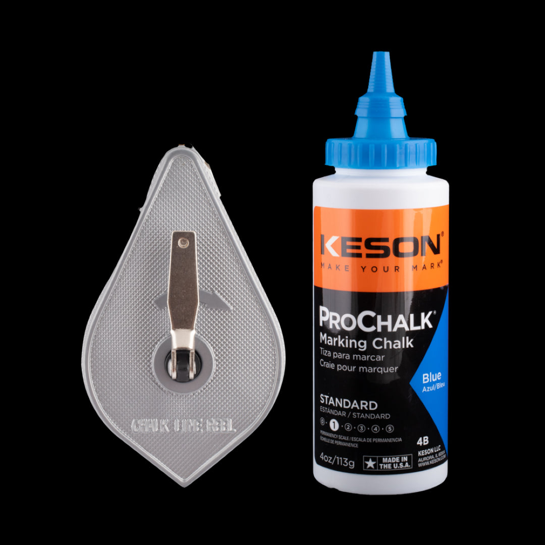 KESON Chalk Line Reel with blue marking chalk, featuring a lightweight aluminum design and durable synthetic poly line for precision marking.