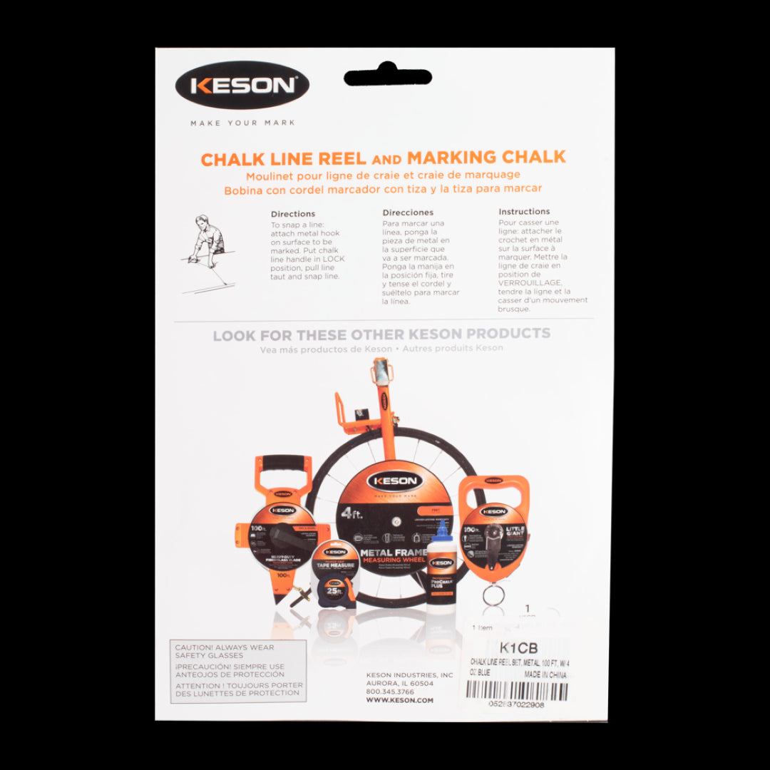 KESON Chalk Line Reel with blue marking chalk, designed for precise, residue-free line marking in construction and carpentry.