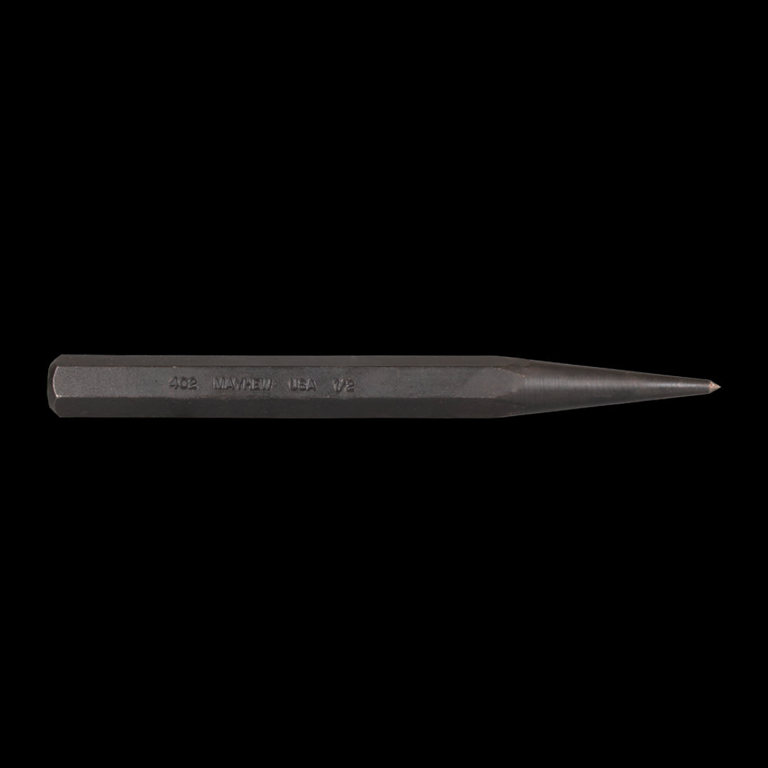 MAYHEW Prick Punch (150mm X 1/2") in S-2 steel, featuring a parabolic head for precision and durability in metal scribing tasks.