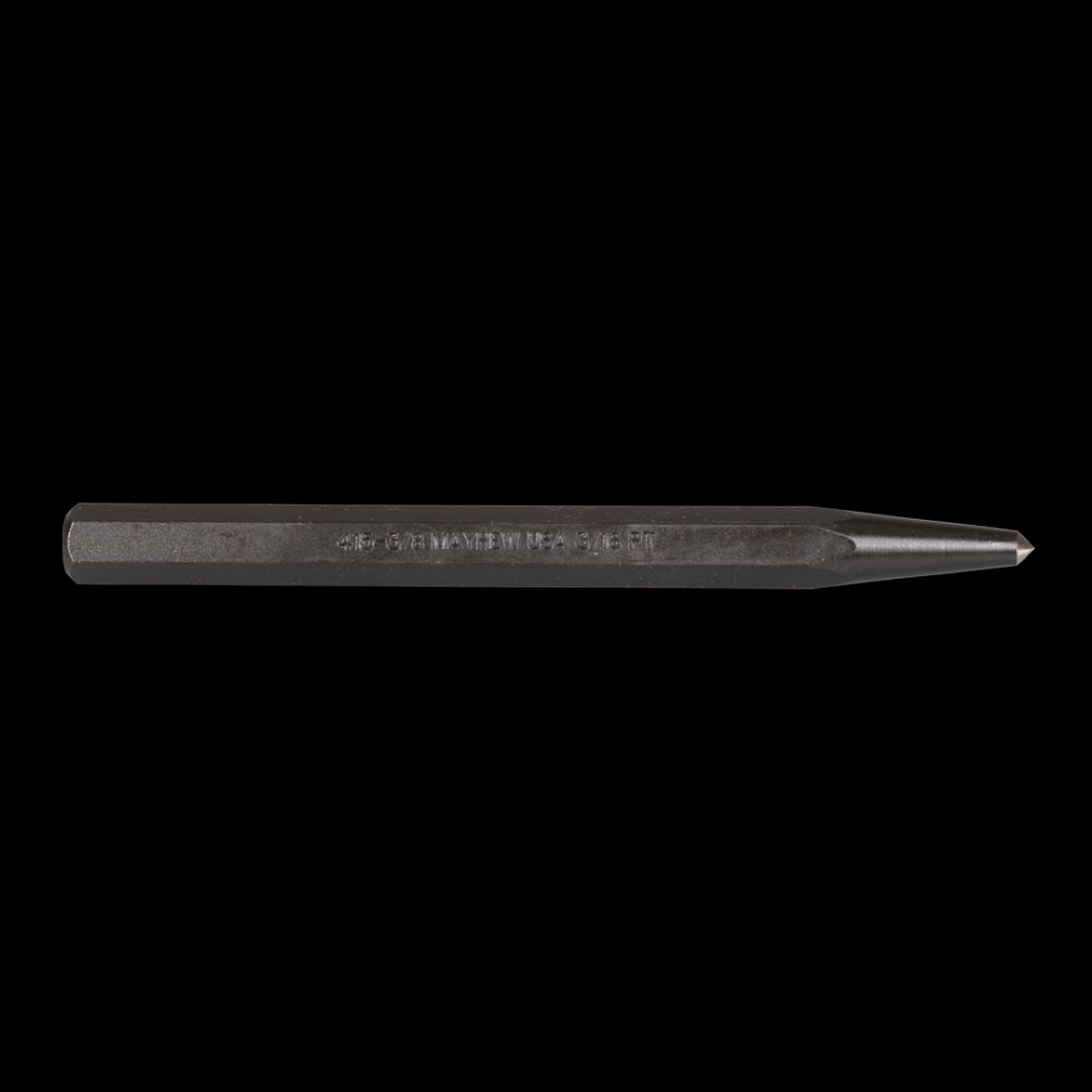 MAYHEW Center Punch: 125mm, 3/16", made of S-2 steel, features parabolic head and black oxide finish for durability and precision.