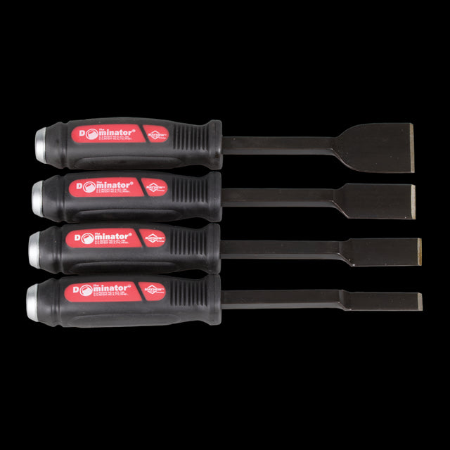 MAYHEW Dominator 4pc Carbon Scraper Set with ergonomic handles for rust, paint, and adhesive removal in automotive tasks.