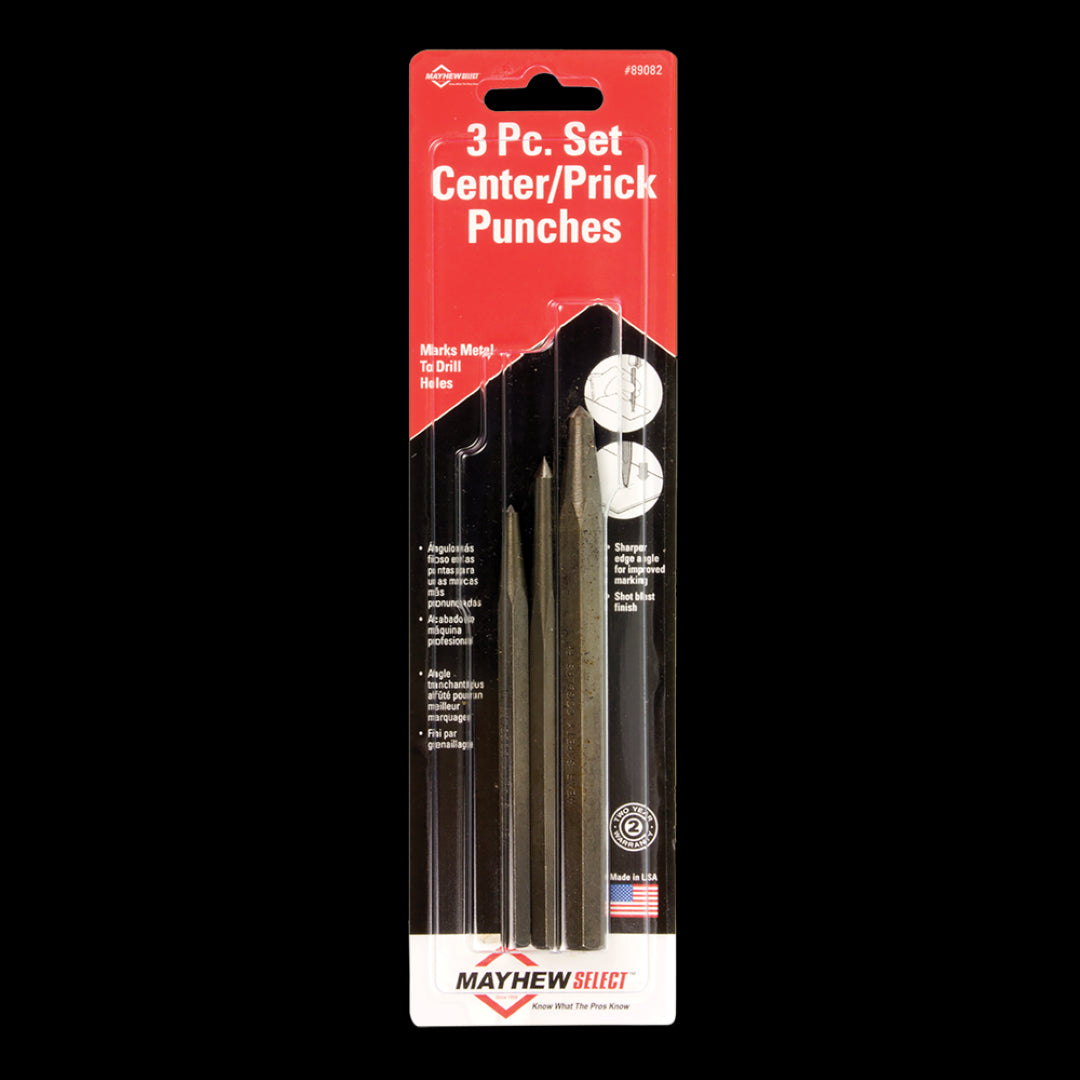 MAYHEW 3pc punch set with octagon grips includes 5/16", 7/16" center punches, and a 7/32" prick punch for precision marking.