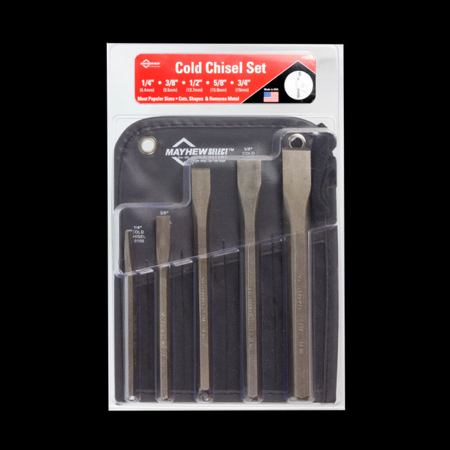 MAYHEW Cold Chisel Set with Pouch - 5-piece set of high-grade chisels for cutting and shaping metal and wood, featuring secure grip design.