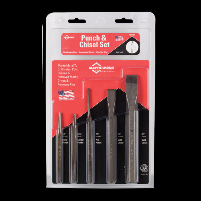 5-piece MAYHEW punch and chisel set for automotive, metalworking, and woodworking, crafted from high-quality steel for durability.