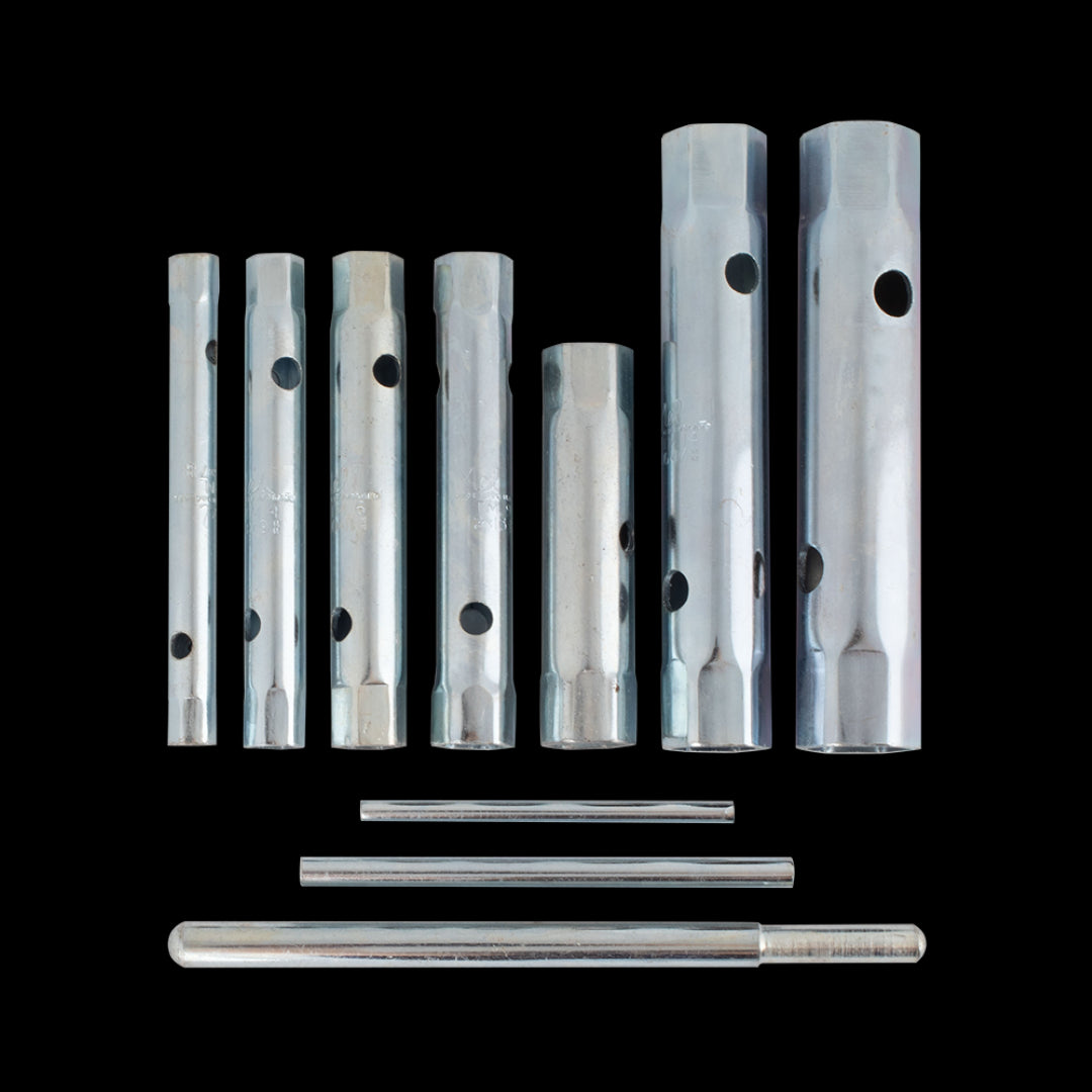 MELCO 7pc Double Ended Tube Spanner Set with hexagonal ends, T-bars for leverage, ideal for tight spaces and various repairs.