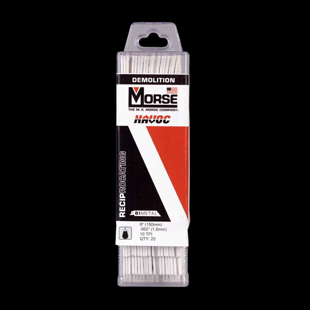 MORSE Havoc® Demolition Reciprocating Saw Blades, 10tpi x 152mm, 25-pack, designed for heavy-duty cutting in wood and metal.