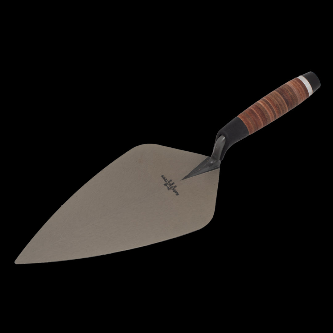 High carbon steel 300mm brick trowel with a leather handle for professional masonry, ensuring durability and precision.