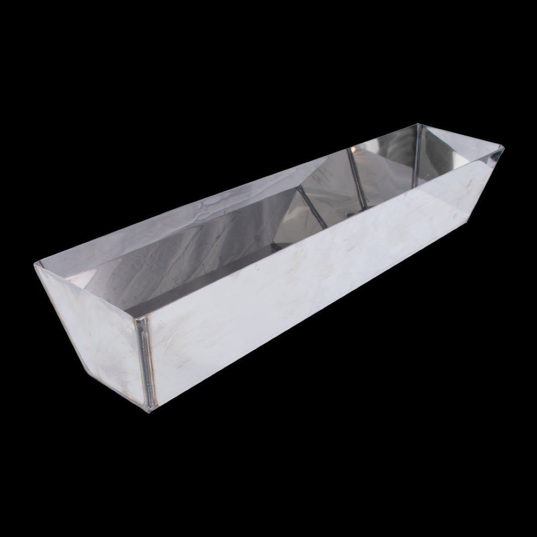 Heavy gauge stainless steel drywall mudpan with seamless corners, designed for easy cleanup and flawless finishing.