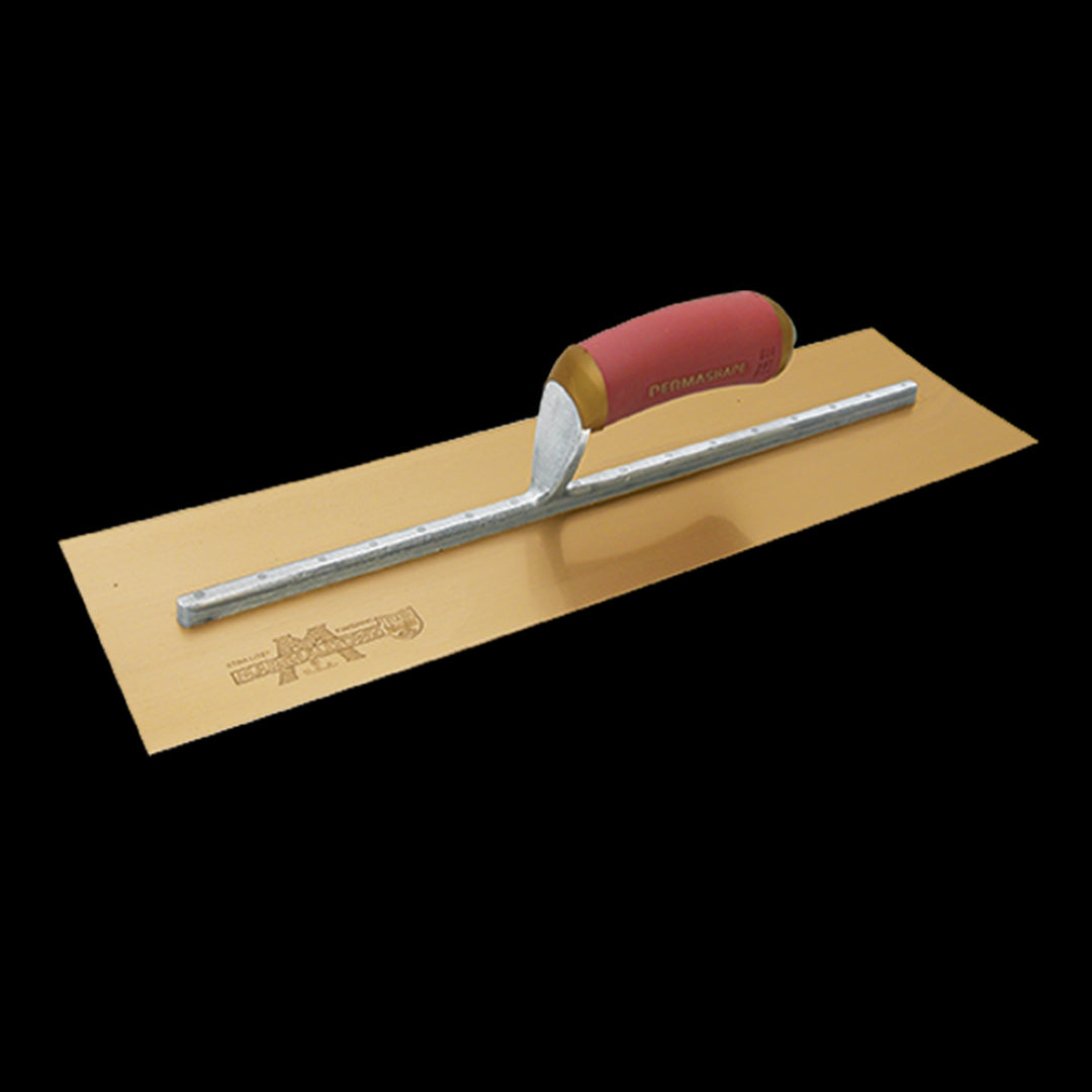 Premium MARSHALLTOWN Gold Stainless Steel Trowel, 400mm x 125mm, designed for smooth finishes on concrete and plaster.