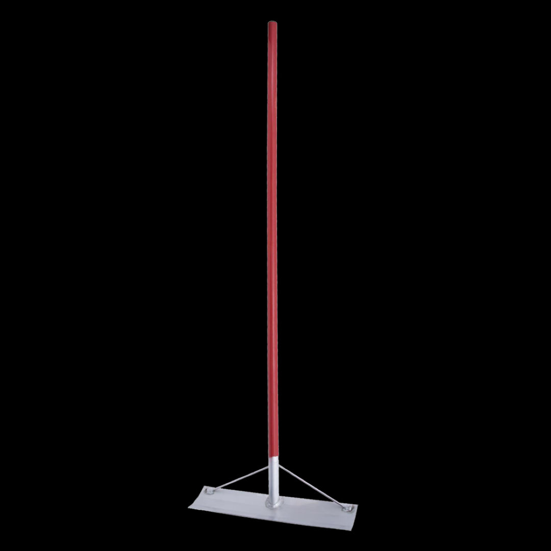 Lightweight aluminum concrete tool with a 19"x4" blade and 60" red powder-coated handle for spreading and setting rebar.