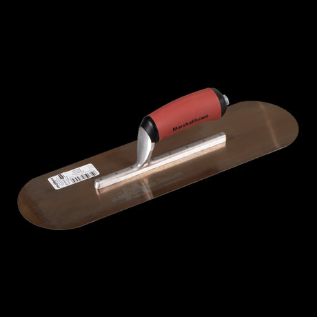 Golden stainless pool trowel measuring 400mm x 113mm, designed for smooth concrete finishing with an ergonomic handle.