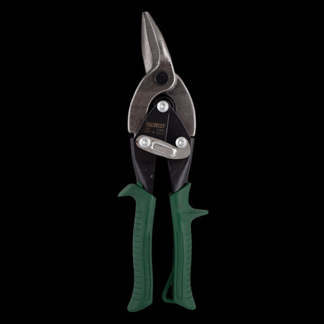 Green MIDWEST Right Cut Aviation Snip with GLIDETECH FORGED BLADES for precise left-hand metal cutting and trimming.