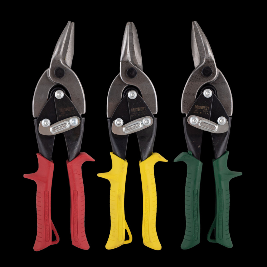 A set of three MIDWEST Aviation Snips (Left, Right, Straight Cut) showcasing premium forged blades for precise cutting in any direction.