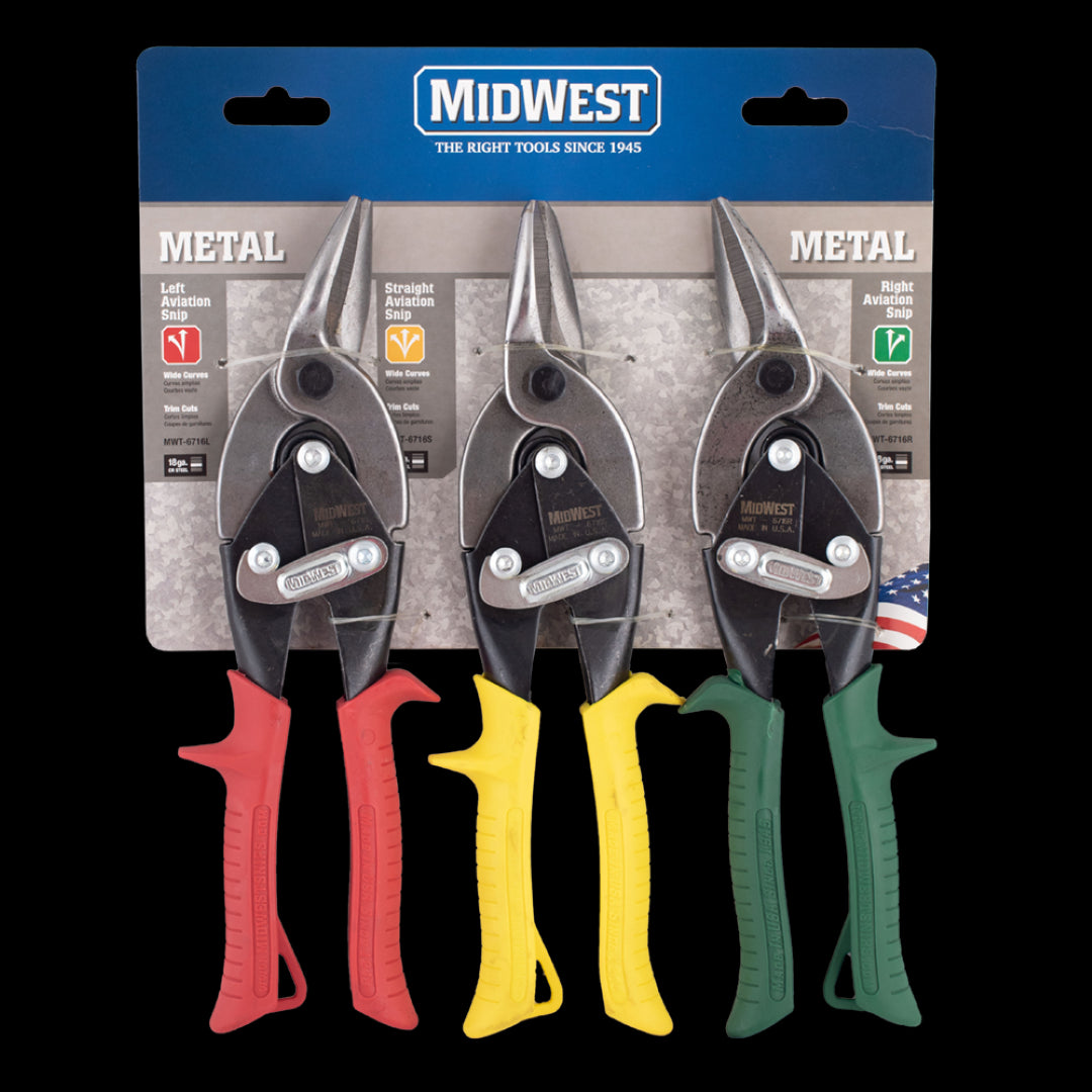 A 3-piece MIDWEST Aviation Snips Set with left, right, and straight cut options, featuring forged blades for precision cutting.