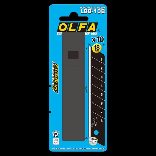 OLFA 18mm black snap-off blades in a 10 pack, designed for precision cutting in crafting, construction, and graphic design.