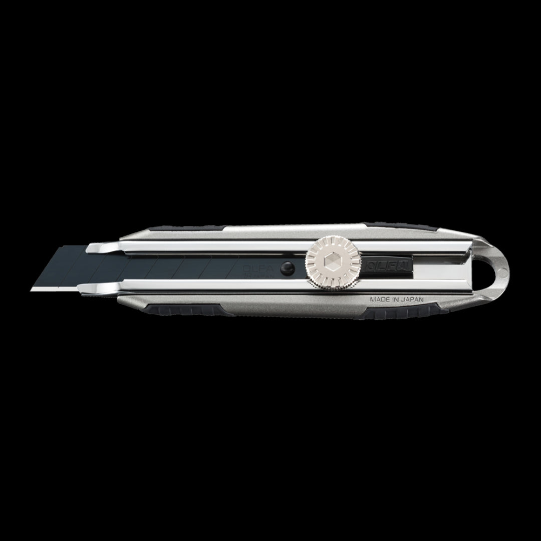 OLFA 18mm Aluminium Snap Off Blade Wheel Knife, featuring durable chrome blade, ergonomic handle, and secure wheel lock for precision cutting.