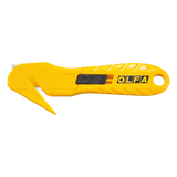 OLFA Stretch Wrap Cutter with beak-shaped guide for precise scoop cuts, featuring a durable handle and easy blade replacement.