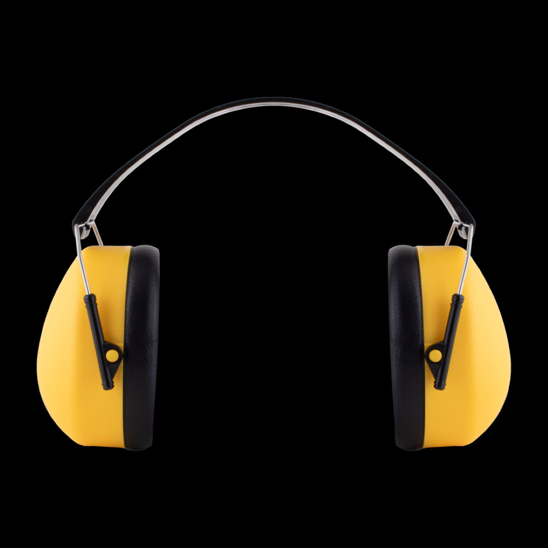 PG PROFESSIONAL Class 5 Safety Earmuffs (M/L) in yellow, providing 30.4 dB noise reduction with comfortable cushions and adjustable headband.