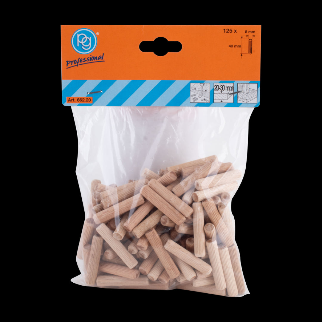 PG PROFESSIONAL 8mm fluted wooden dowels in a 125 pack, crafted from durable beech wood for strong furniture joints.