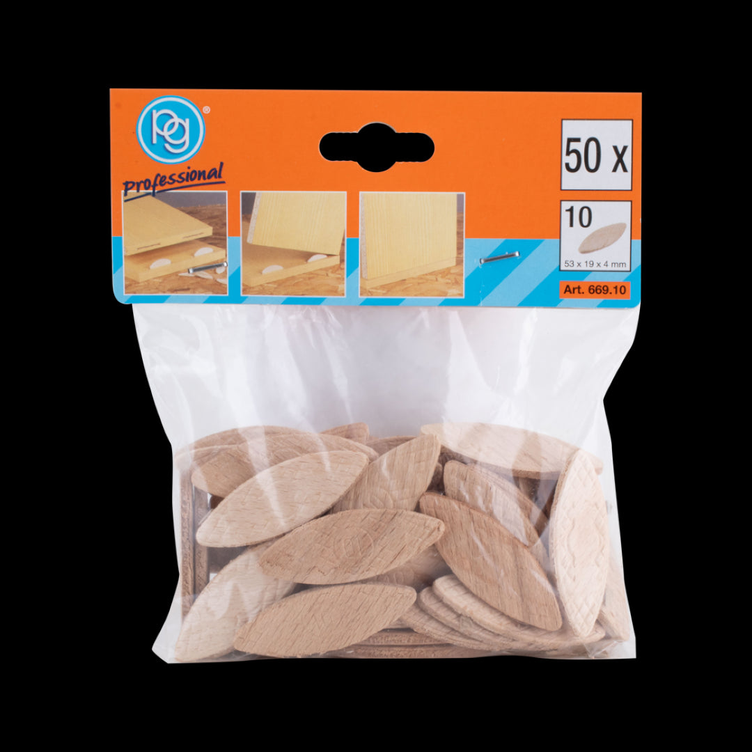 PG PROFESSIONAL No.10 Wooden Biscuits - 50-pack of durable beech wood biscuits for strong furniture joints and seamless woodworking.