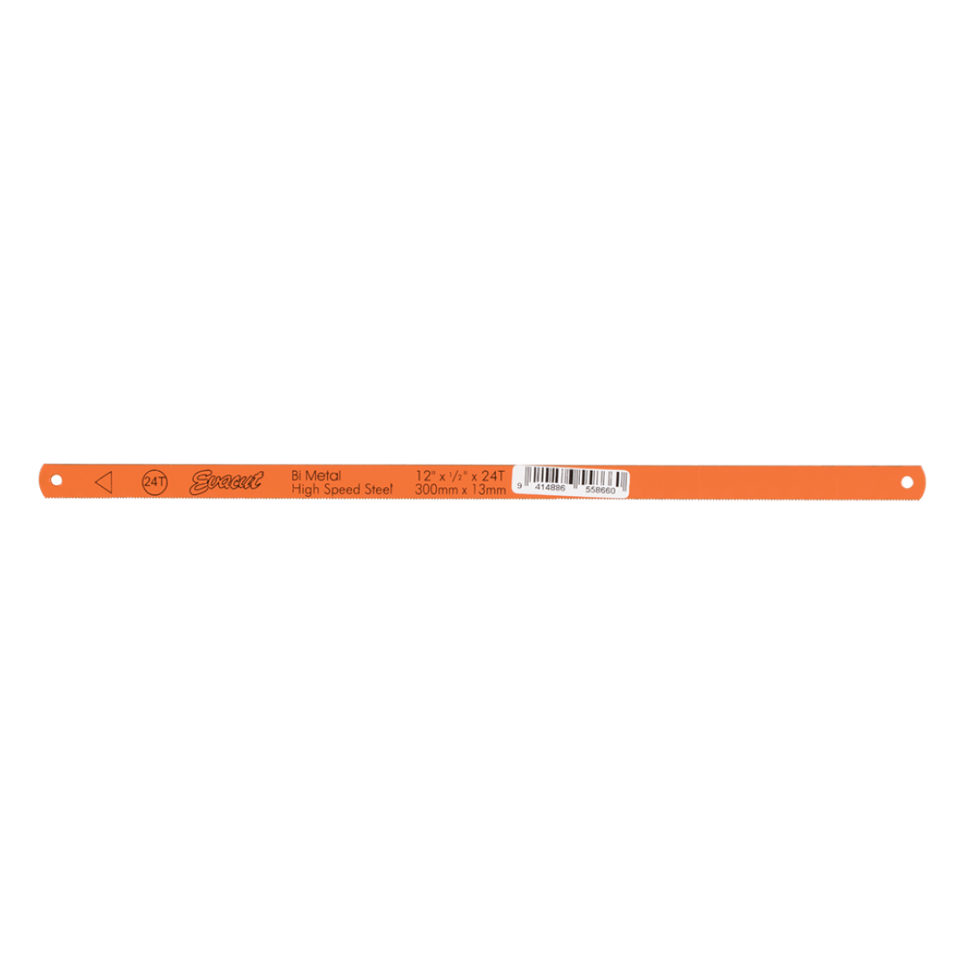 Bimetal 24T hacksaw blade, 300mm long, featuring high-speed steel edge and alloy steel back for precision cutting.