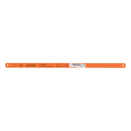 Bimetal 24T hacksaw blade, 300mm long, featuring high-speed steel edge and alloy steel back for precision cutting.