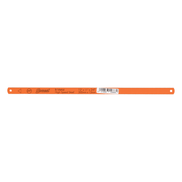 Bimetal 24T hacksaw blade, 300mm long, featuring high-speed steel edge and alloy steel back for precision cutting.