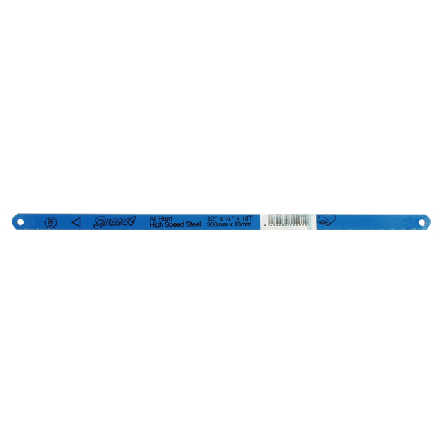 HSS hardened EVACUT 18T hacksaw blade for precise metal cutting, featuring 18 teeth per inch for durability and efficiency.