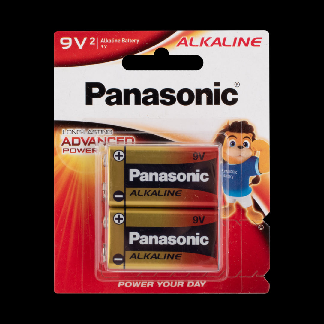 Panasonic 9V alkaline batteries in a 2-pack, designed for high-drain devices with leak protection and corrosion resistance.