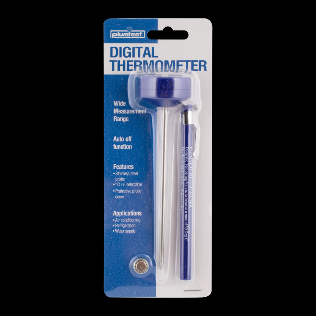 PLUMTEST Digital Thermometer with stainless steel probe, measuring -50 to 200°C, auto-off feature, and pocket clip for portability.