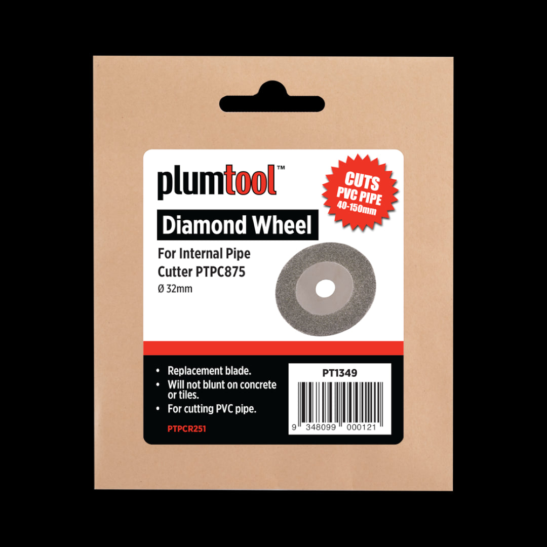 PLUMTOOL Replacement Diamond Wheel for precise cutting of 40mm-150mm PVC pipes; durable and resilient against concrete and tiles.