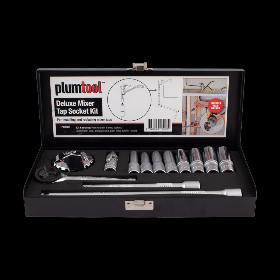 PLUMTOOL Mixer Tap Socket Set in a steel case, featuring 13 chrome vanadium sockets for efficient mixer tap installations.