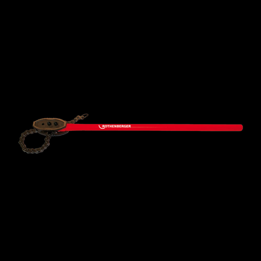 ROTHENBERGER 110mm Chain Pipe Wrench with durable forged jaws, designed for heavy-duty plumbing and pipe handling tasks.