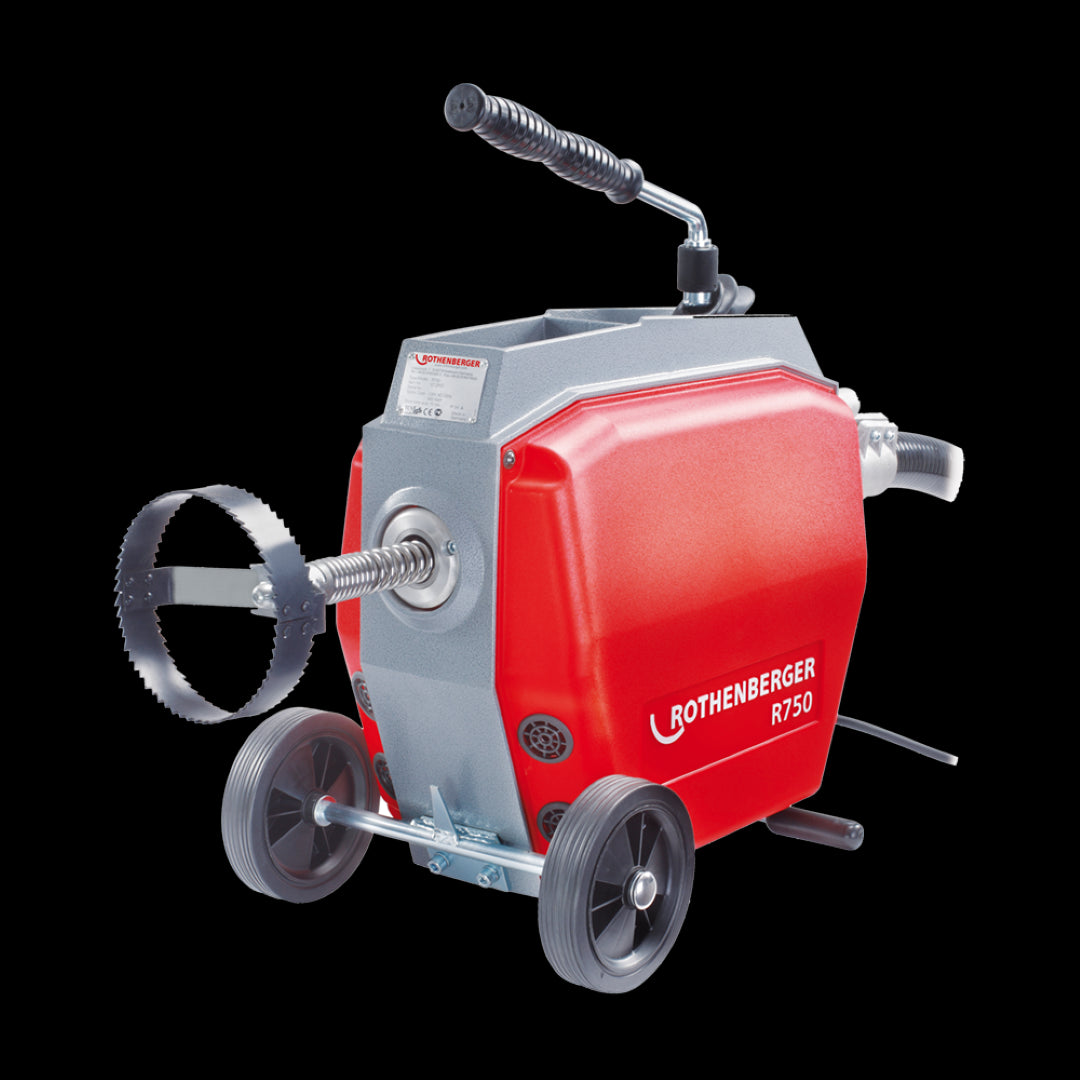 ROTHENBERGER R750 Drain Clearing Machine, compact yet powerful, clears pipes 20-200mm efficiently with quiet operation.