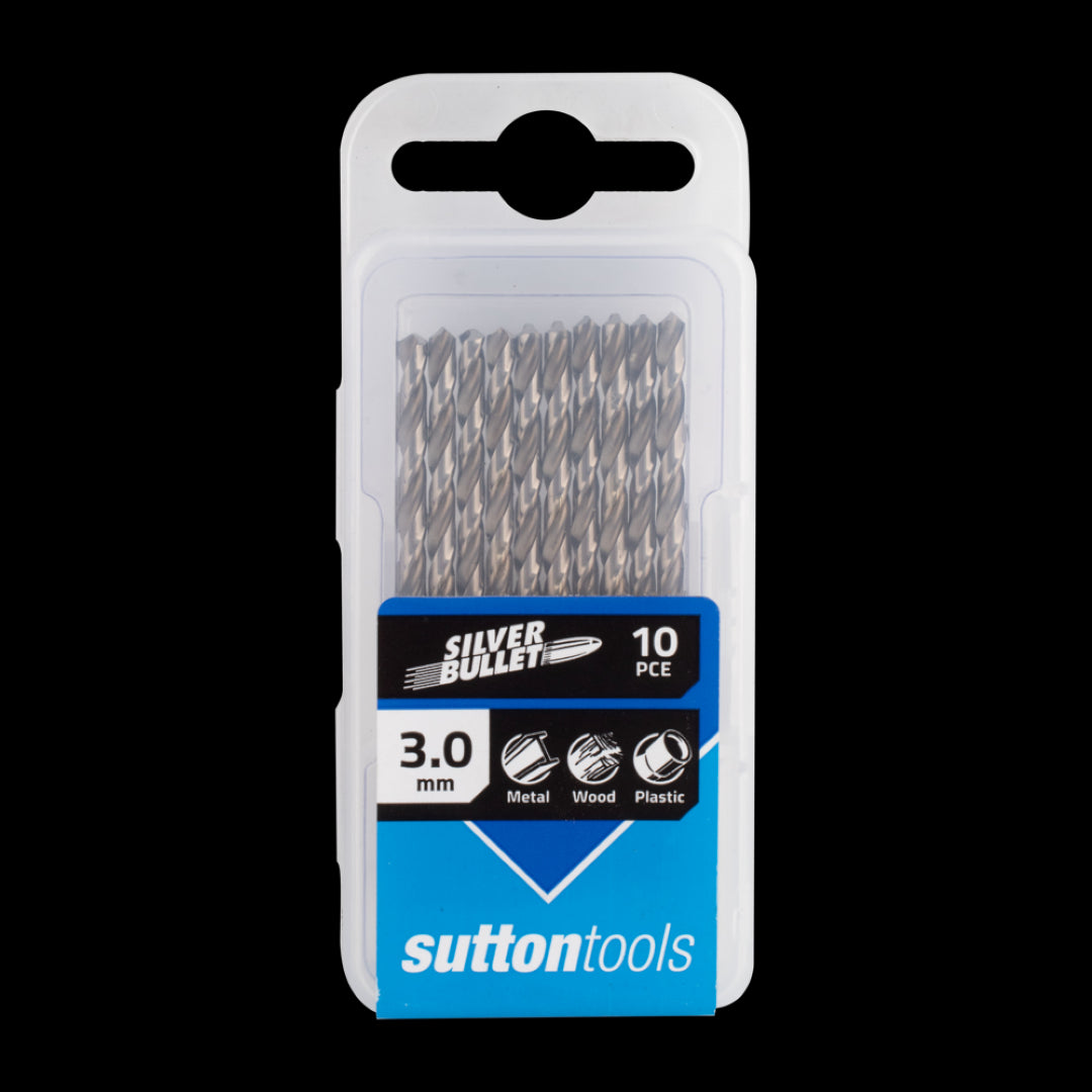 SUTTON HSS Drill Bit 10-pack, 3mm x 61mm, designed for precision drilling in various materials like steel, wood, and plastics.