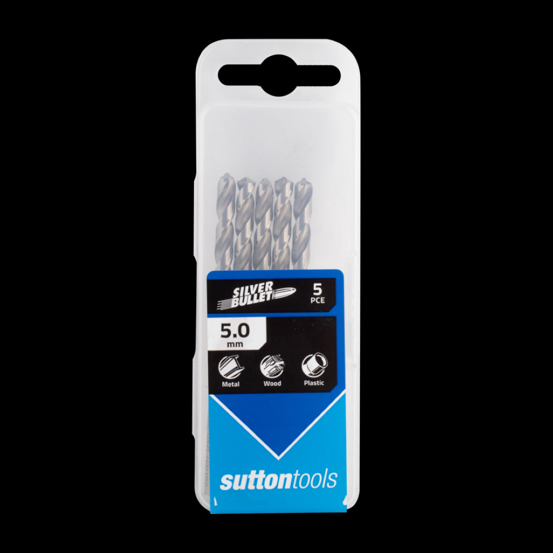 Sutton HSS Drill Bit 5mm x 86mm in a 5-pack, designed for precision drilling in steel, wood, and plastics with a durable case.