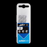 Sutton HSS Drill Bit 5mm x 86mm in a 5-pack, designed for precision drilling in steel, wood, and plastics with a durable case.