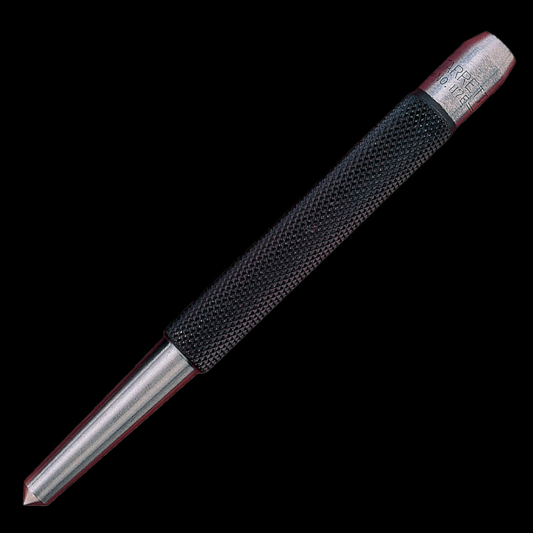 STARRETT Center Punch (100mm x 1/8") with knurled grip, durable steel, precise angled tip for clean indentations in various materials.