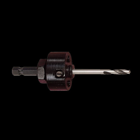 STARRETT Lock Arbor (32mm-210mm) with 6.35mm pilot drill, robust design, compatible with various hole saws for precise cutting.