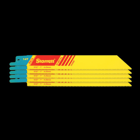 STARRETT reciprocating blades (150mm x 14t) in a 5-pack, designed for efficient cutting of metal and wood with precision.