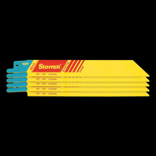 STARRETT Reciprocating Saw Blade 5 Pack, 150mm, 18 TPI, designed for precise cuts in wood, metal, and composites.